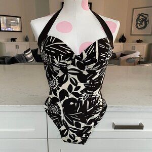 Next One Piece Floral Print Nylon Elastane Swim Suit Chocolate Brn Cream 34B UK